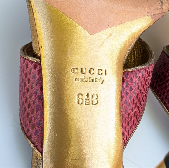 Gucci Pink Lizard Snakeskin Kitten Heel Sandals w/ Gold Studded - Picture 8 of 11